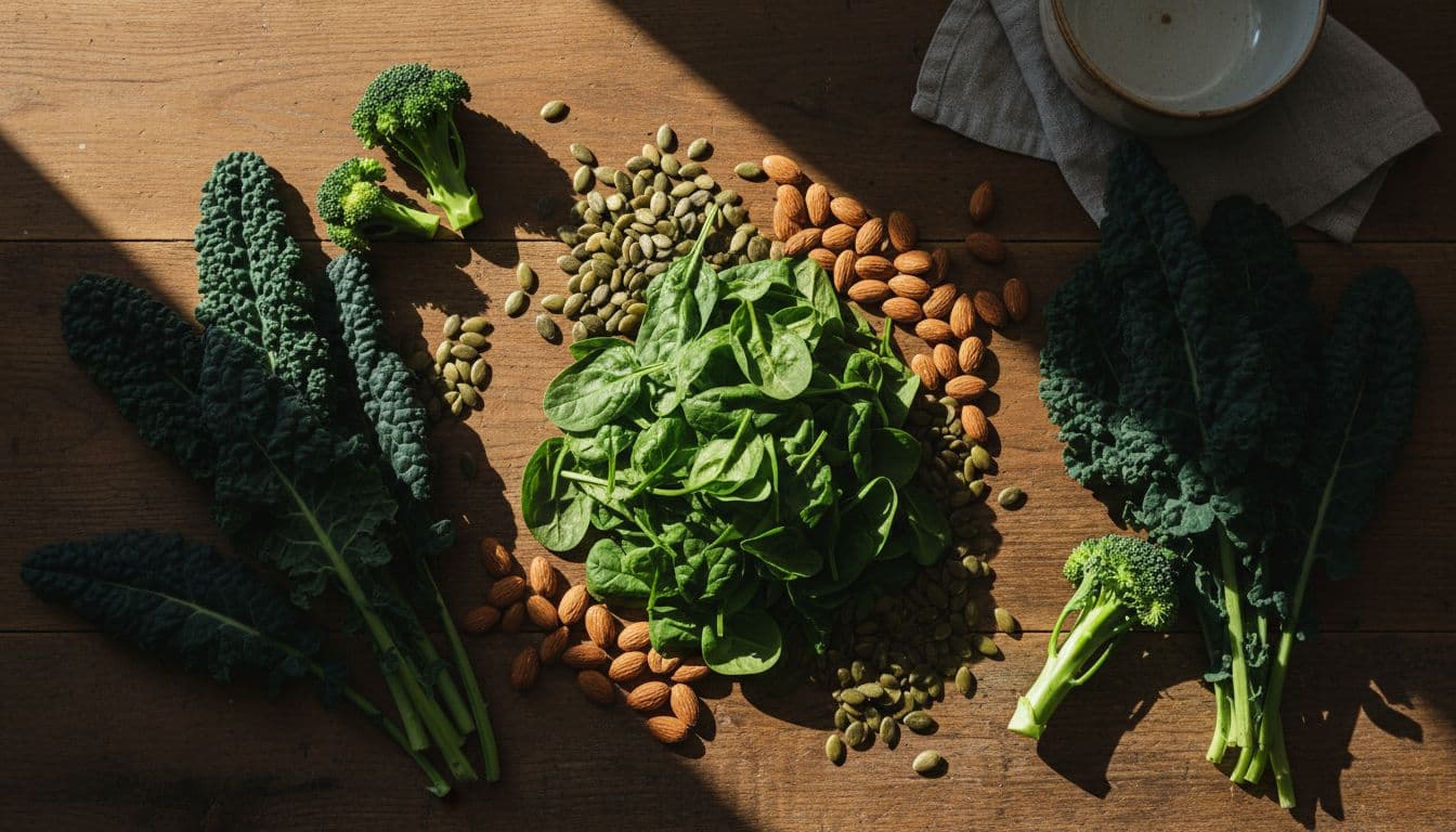 Fresh spinach leaves, pumpkin seeds, almonds, and dark leafy greens arranged on a wooden table in a sunlit kitchen, captured from above in cinematic style with dramatic lighting.