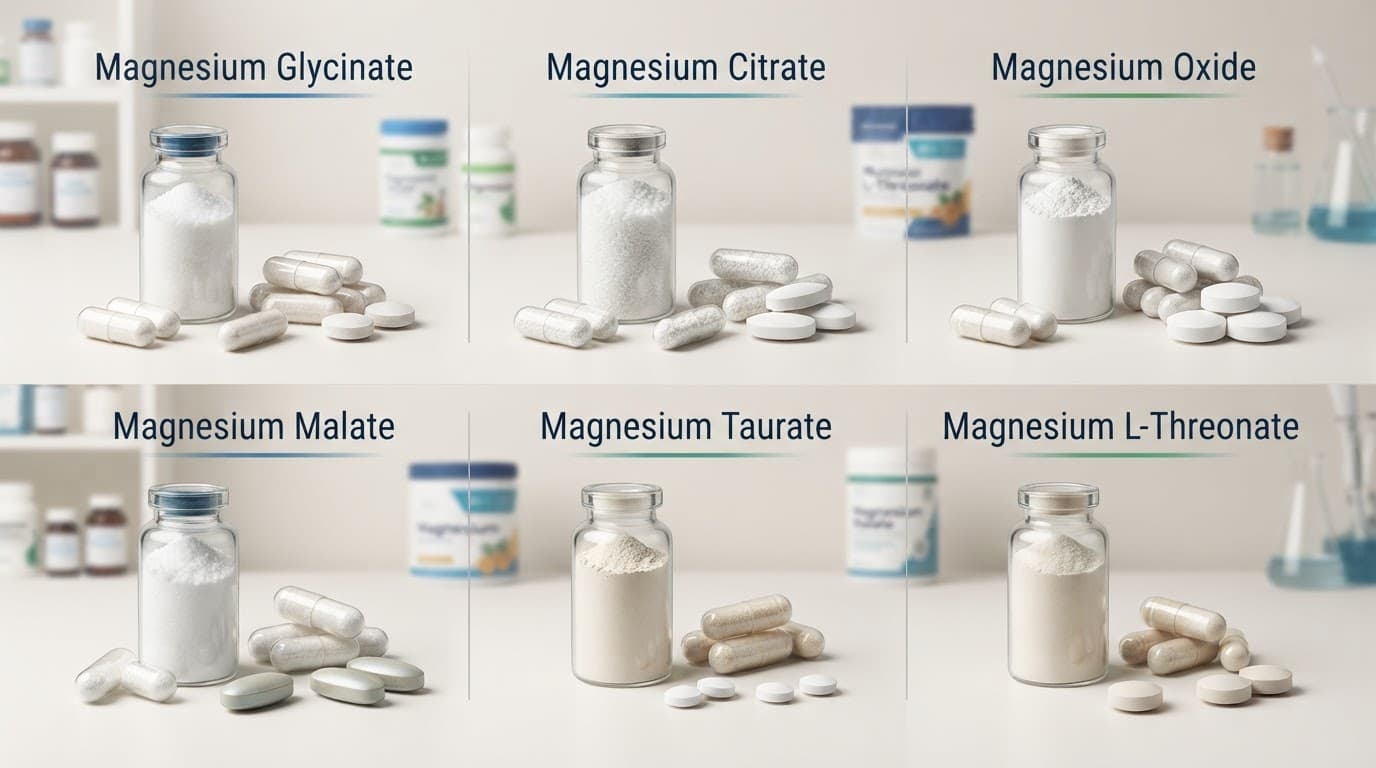 Six magnesium forms shown as capsules, powder, and mineral samples in separate sections.