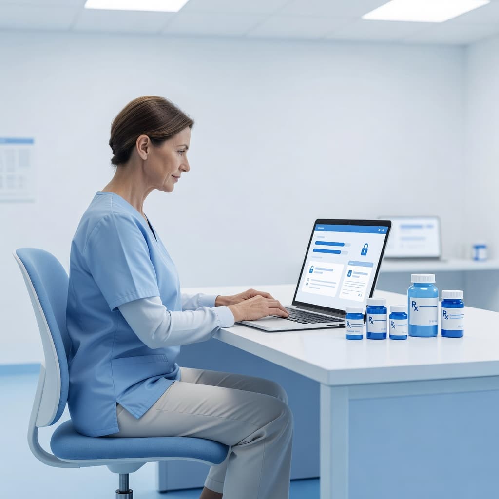 A focused individual uses a laptop at a clean desk to organize medication refills. Several plain white prescription bottles sit nearby against a calm blue and white clinical background setting.