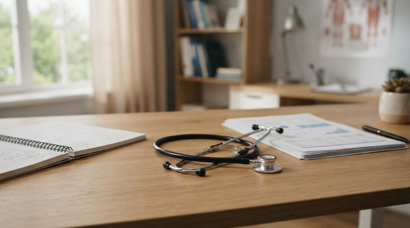 A stethoscope and medical charts rest on a light wood consultation desk.