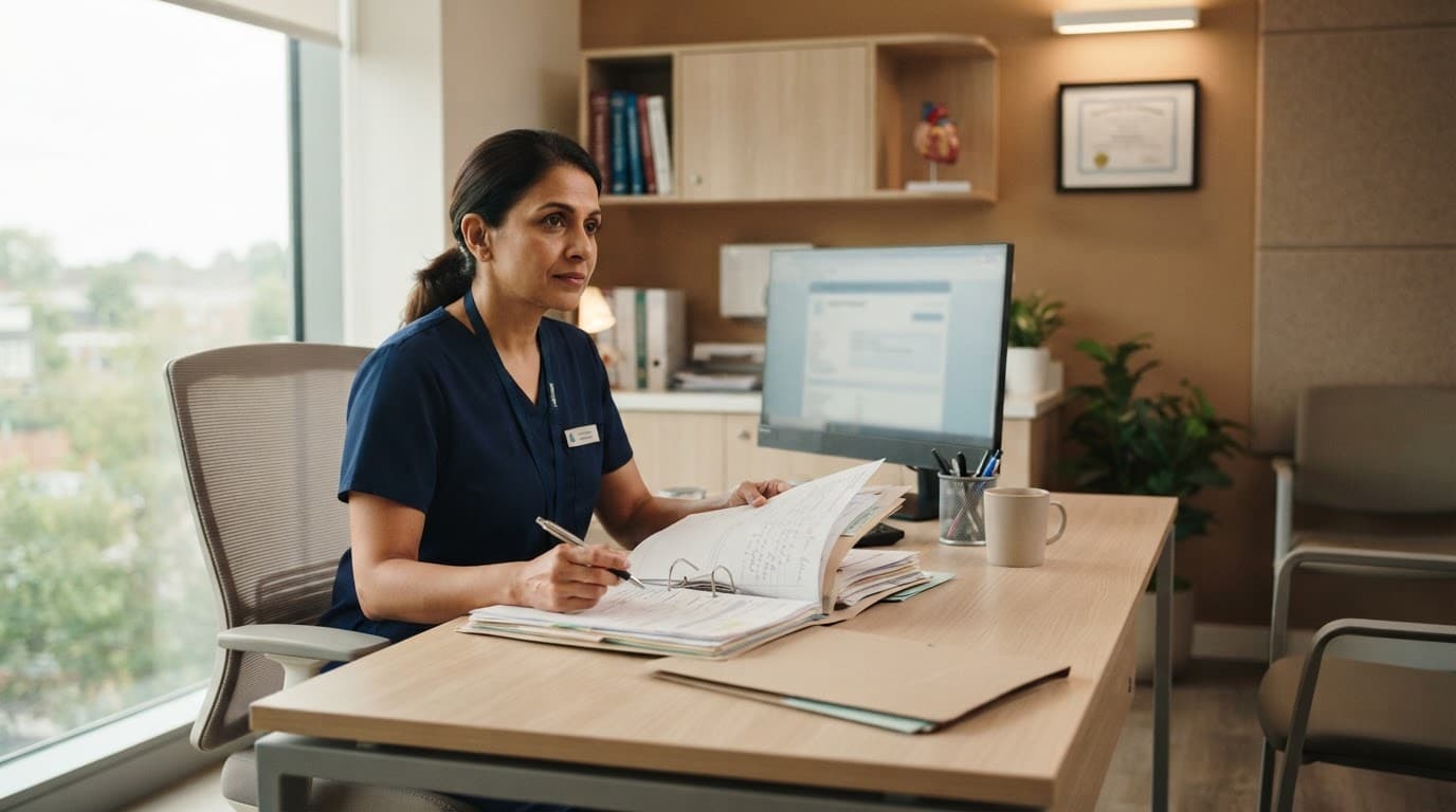 A doctor sits at a desk with medical files in a softly lit consultation office.