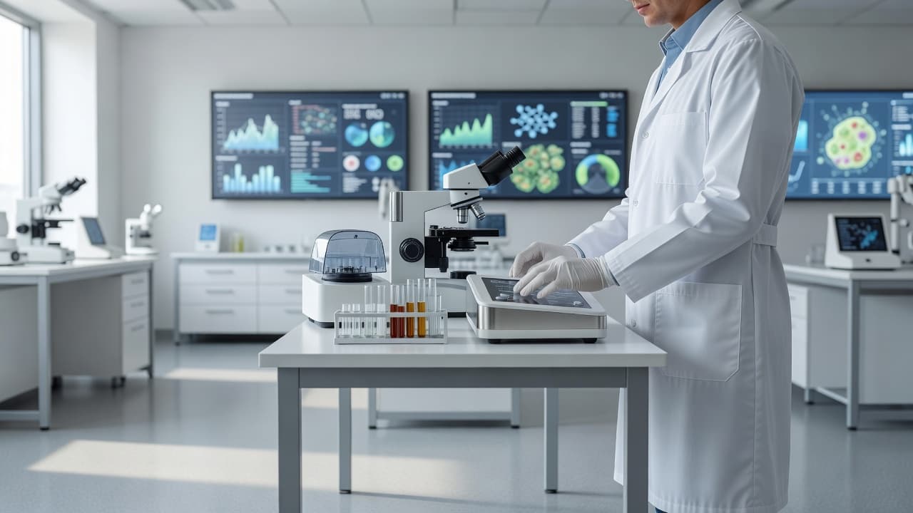A scientist in a lab coat works amid advanced medical research equipment.