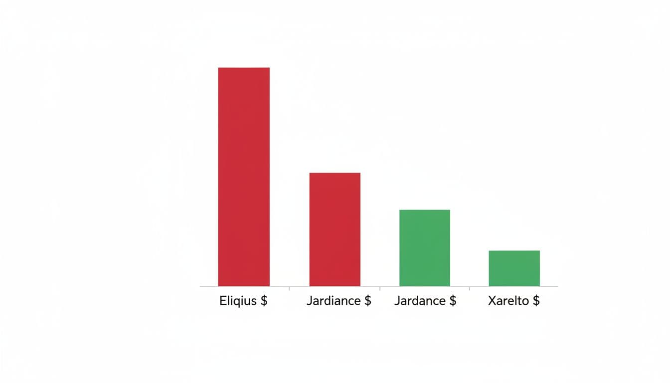 Simple bar chart comparing before and after 2026 Medicare negotiated prices for top drugs Eliquis, Jardiance, and Xarelto, with high red bars dropping to low green bars on a clean white background.