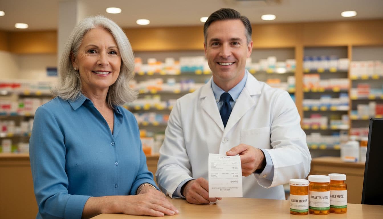 Smiling pharmacist hands a Medicare patient a receipt showing prescription drug savings at a clean pharmacy counter with blood thinner and diabetes medication bottles.