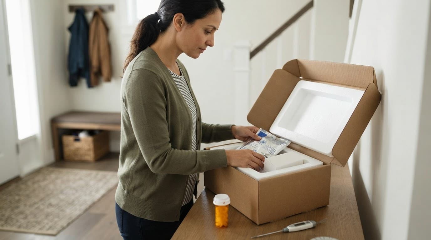 A caregiver checks an insulated medicine container beside a cold pack and thermometer.
