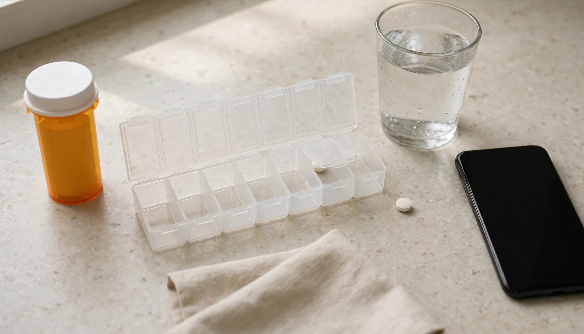A pill organizer, closed bottle, water glass, and face-down phone on a kitchen counter.
