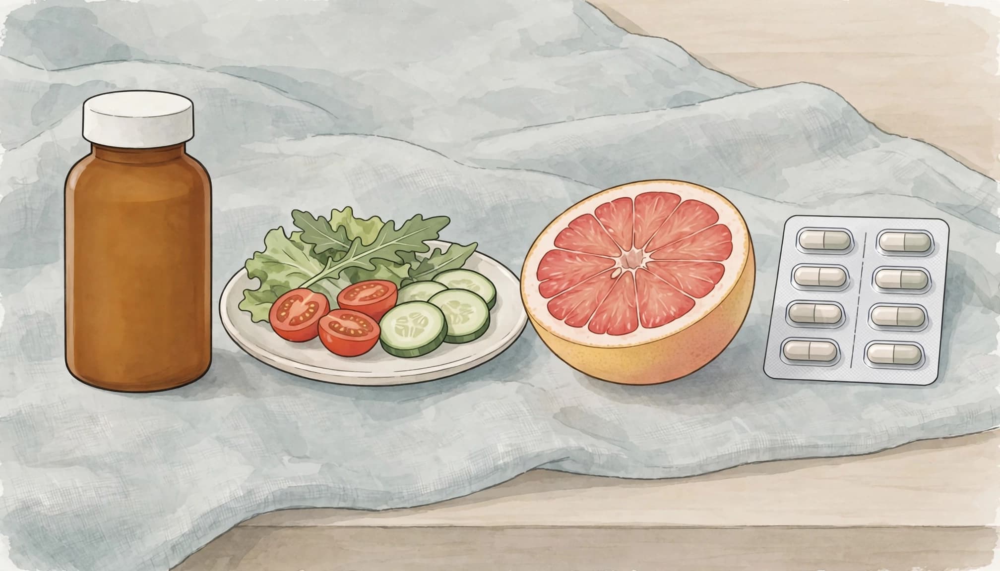 A still life illustration of a medicine bottle, a small salad plate, a halved grapefruit, and a blister pack.