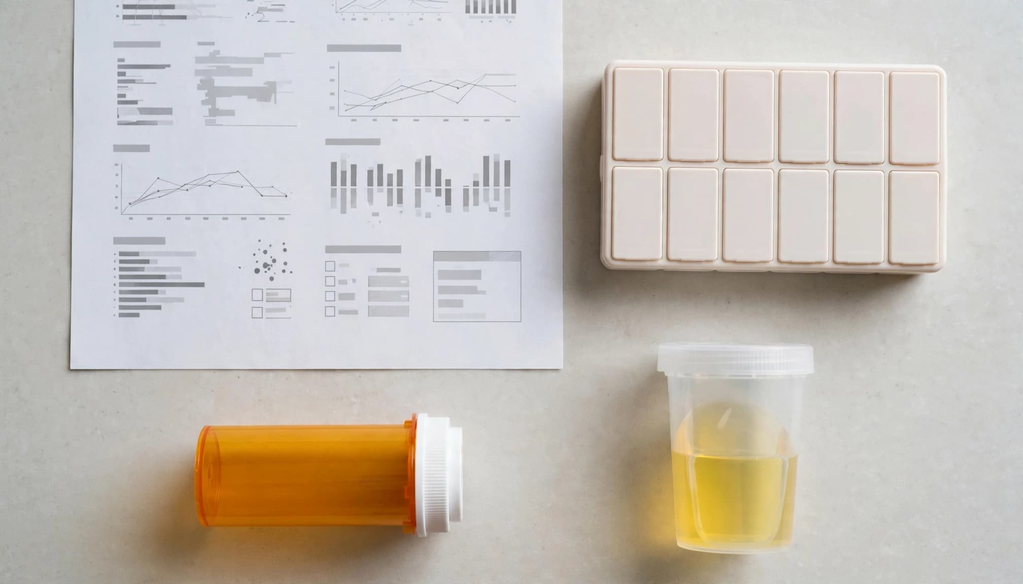A lab sheet, closed pill organizer, prescription bottle, and specimen cup on a counter.