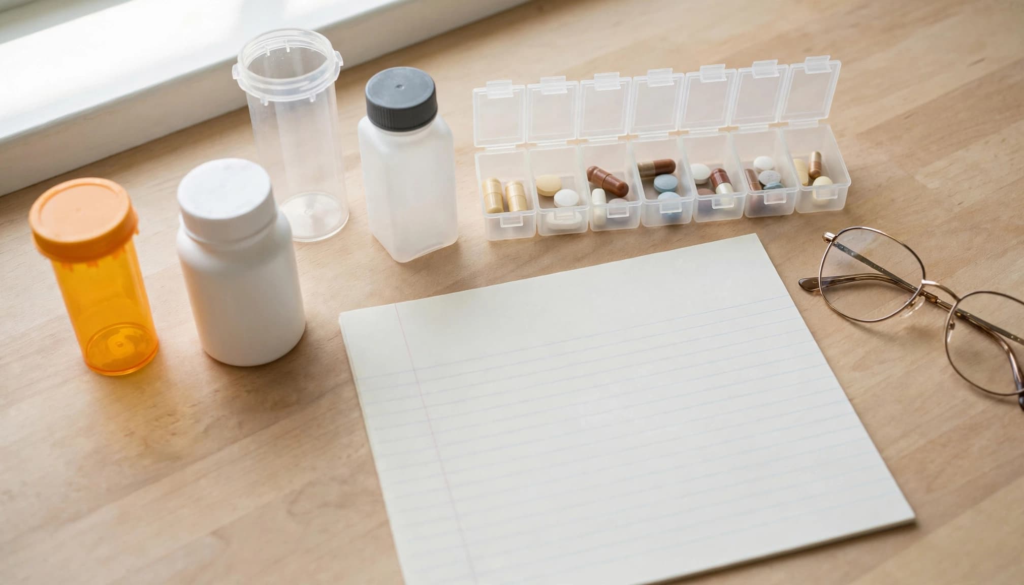 Unmarked medicine bottles, a pill organizer, blank list, and eyeglasses on a kitchen counter.