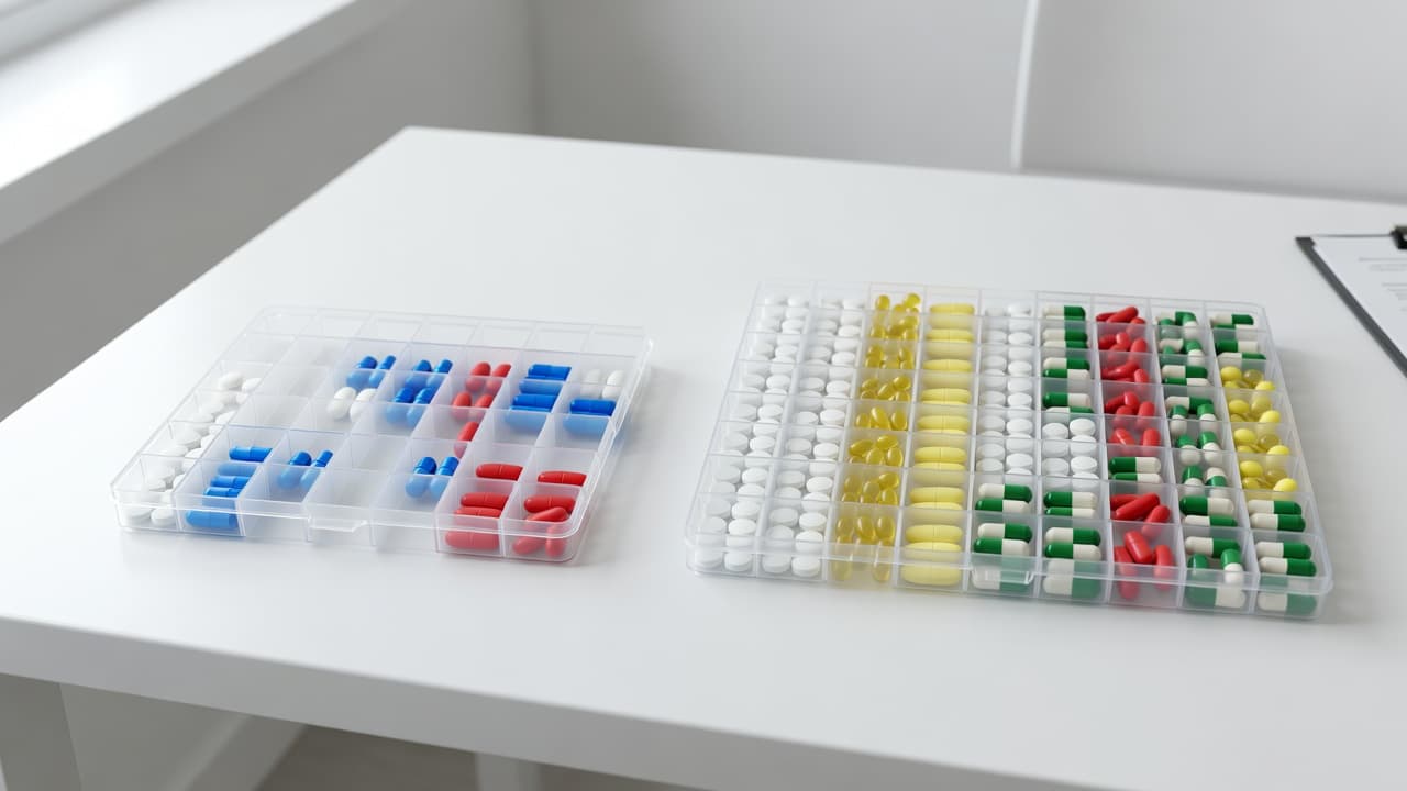 Two distinct medication containers sit on a sterile white surface. A compact monthly pill box remains partially filled next to a larger, full ninety-day organizer designed for long-term patient support.