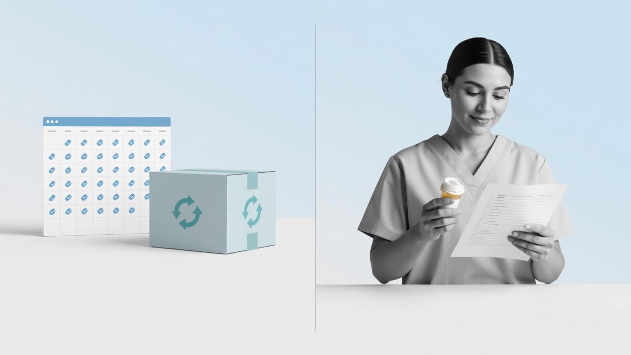 A split composition shows an automated shipping calendar with a box on the left, while a patient on the right reviews a manual checklist while holding a plastic prescription medicine bottle.