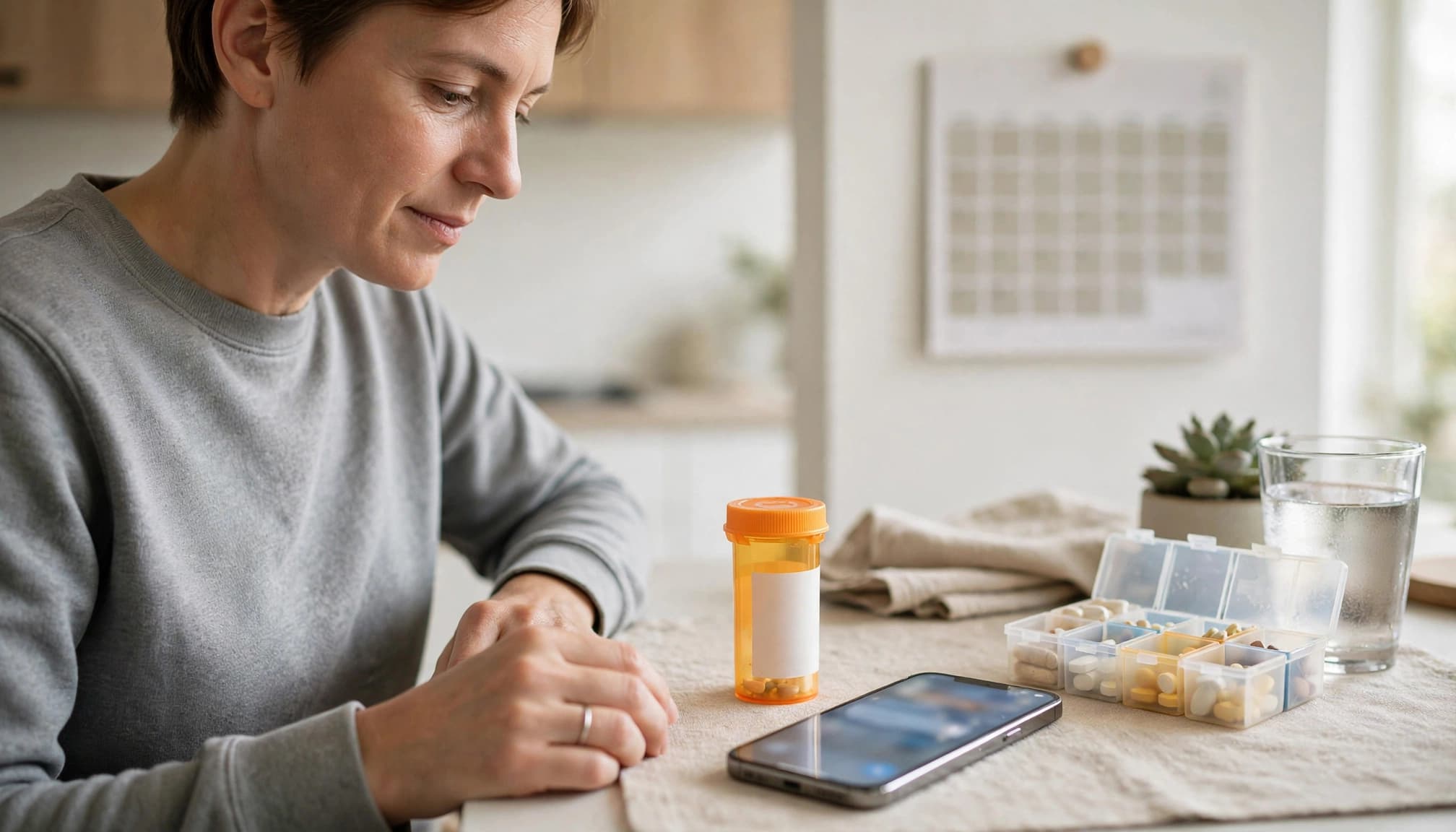 An adult reviews a prescription bottle and phone at a kitchen table with a calendar and pill organizer.