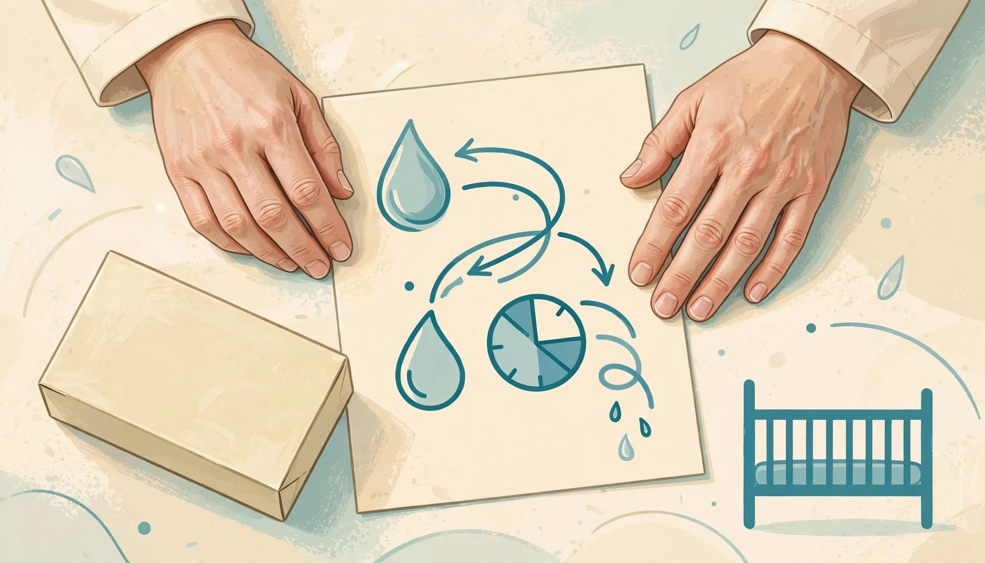 An illustration of hands beside a medication box, a flow diagram, and a crib icon.