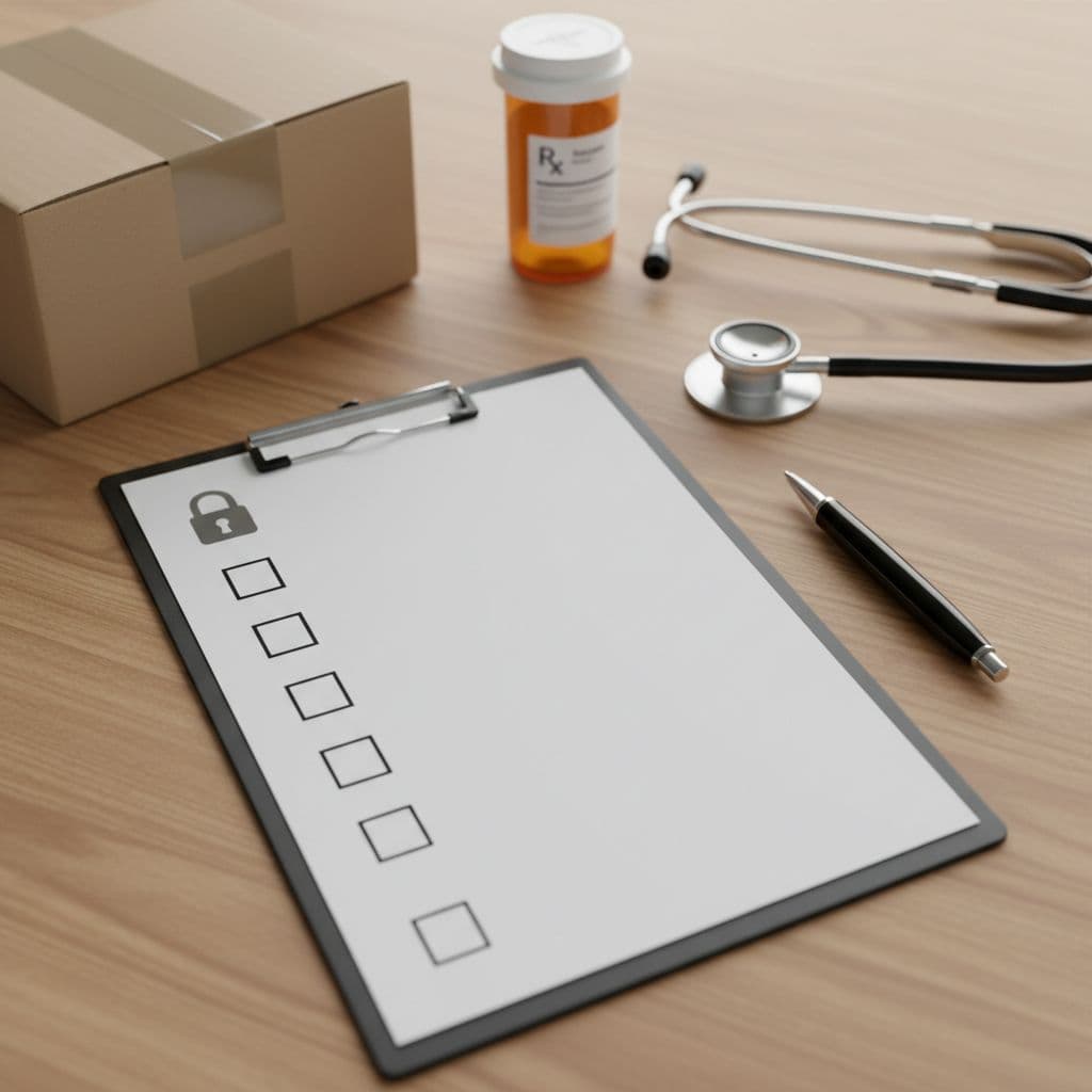 Desk with checklist, pen, stethoscope, prescription bottle, padlock icon, and delivery box.