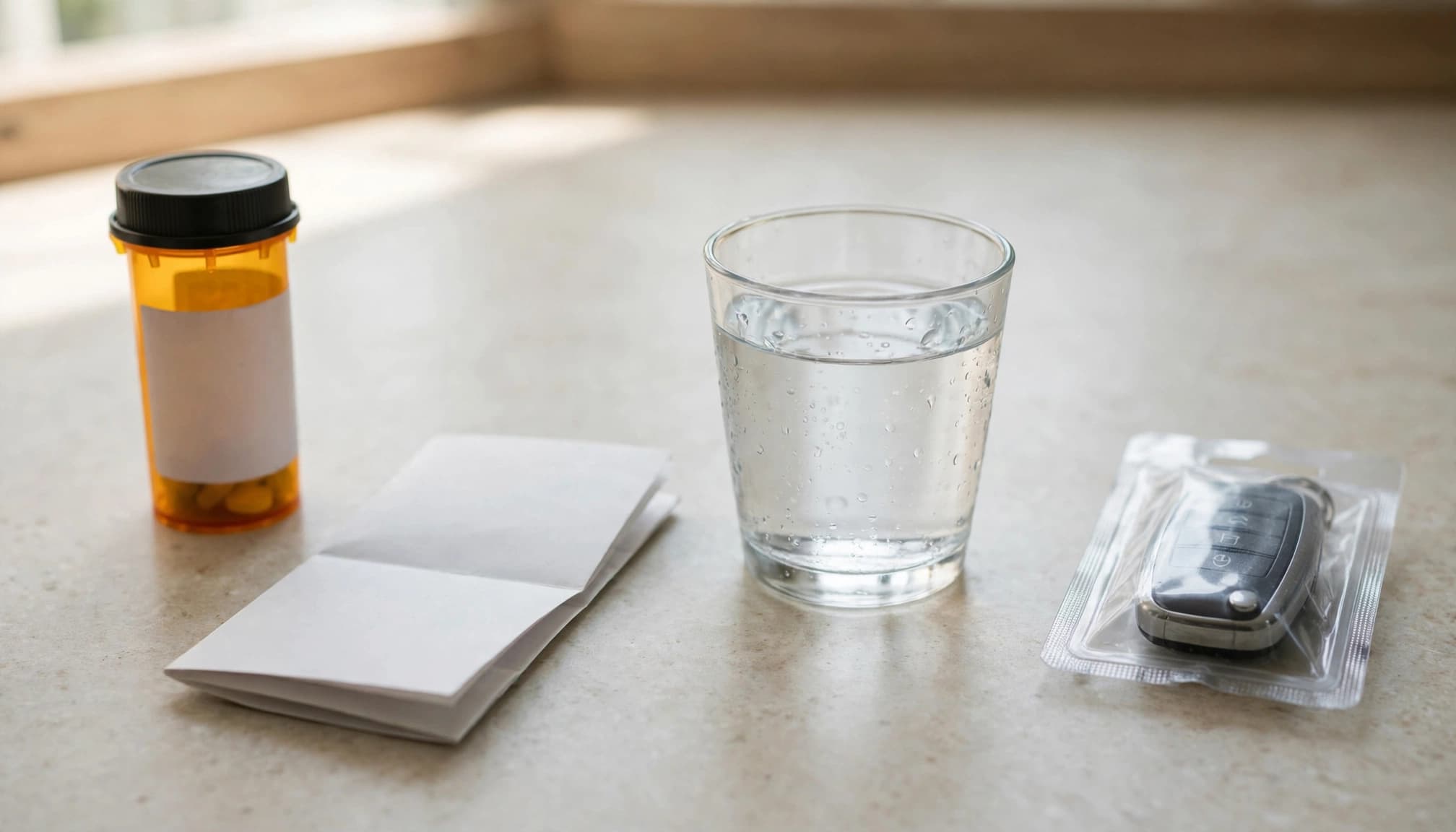 A prescription bottle, folded leaflet, and glass of water sit apart from a sealed car key.