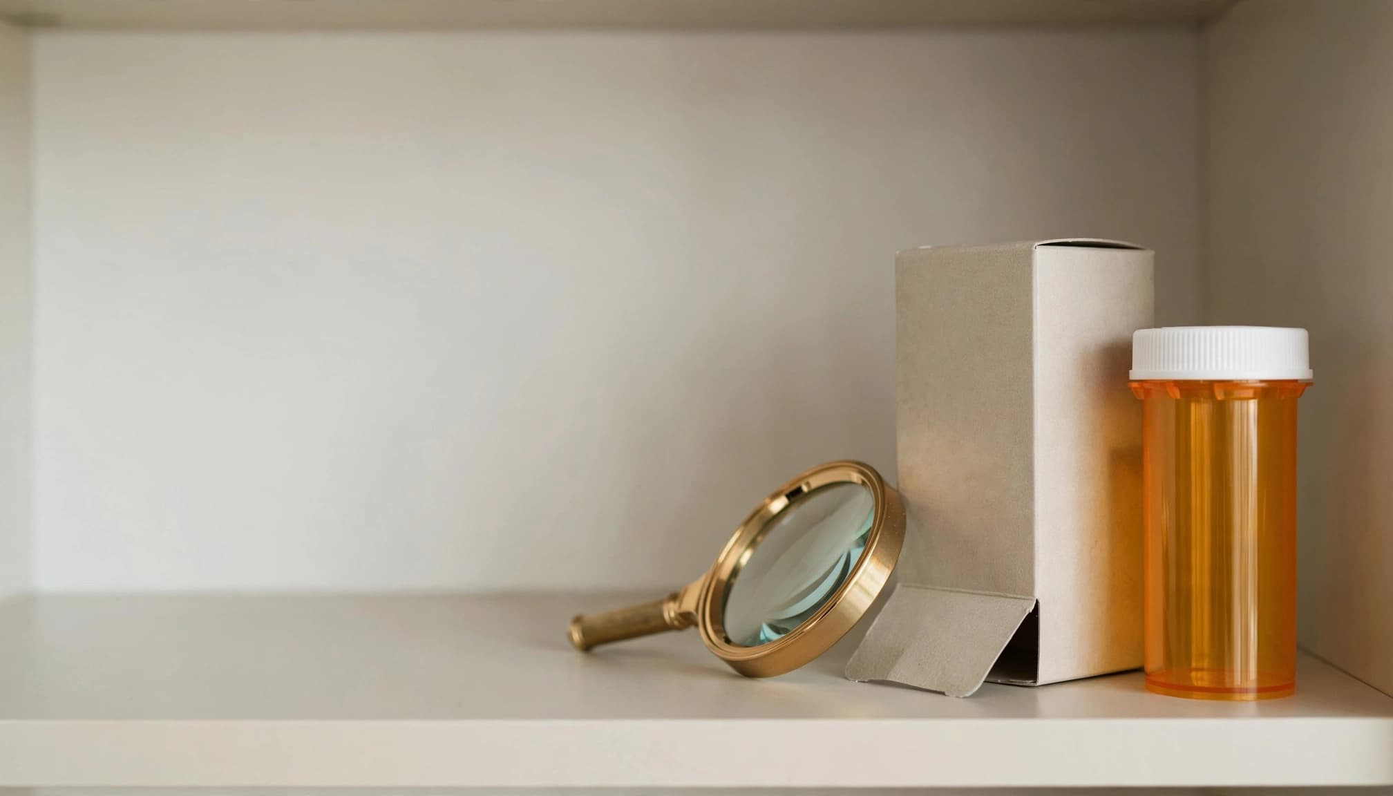 A medicine bottle and carton sit beside a magnifying glass on a shelf.
