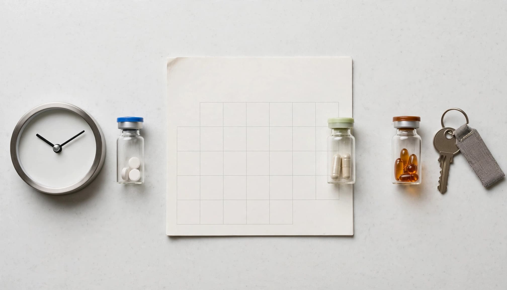 Three medicine vials sit beside a clock, blank calendar, and care-home key.