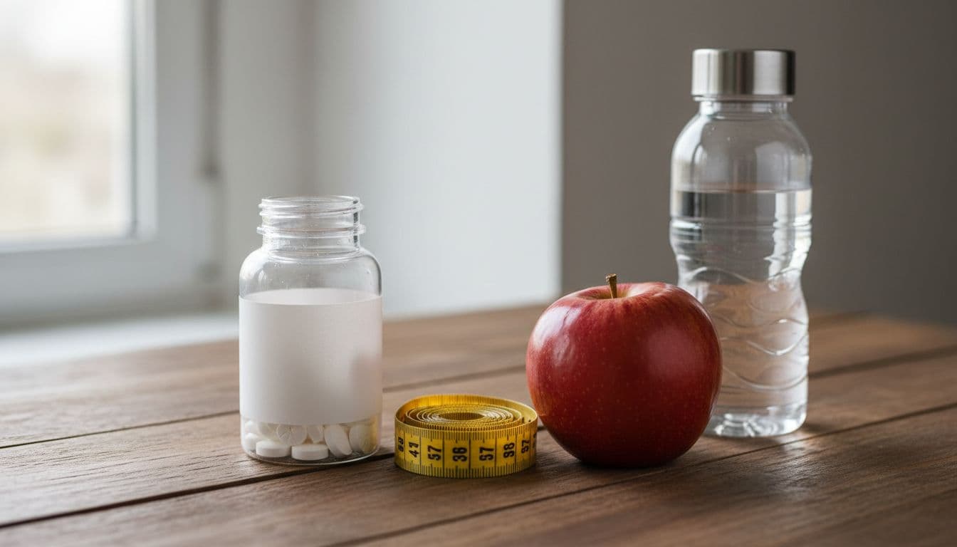 Bottle of generic metformin tablets beside a measuring tape, apple, and water bottle on a wooden table under soft daylight, photorealistic style.