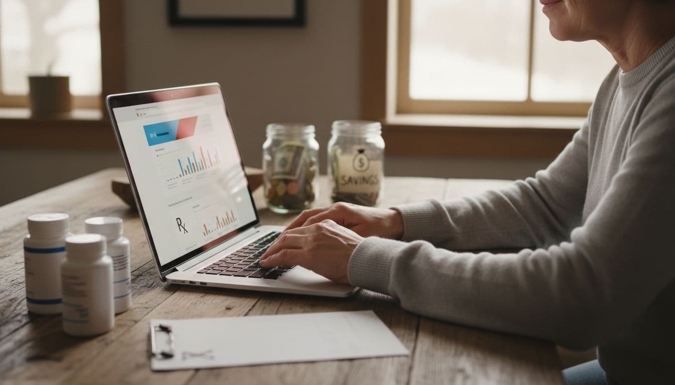Middle-aged American adult at a wooden kitchen table with laptop showing pharmacy price comparison page from angle without readable text, affordable generic pill bottles and prescription pad nearby, cash savings jar in background, warm natural daylight lighting.