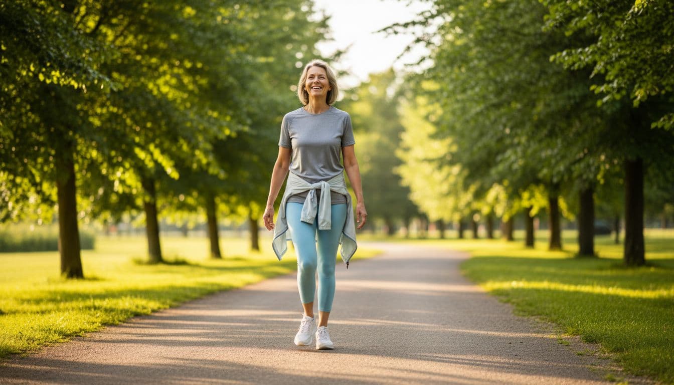 A middle-aged person happily walks on a sunny park path with flexible joints and no visible swelling in knees or hands, showcasing improved mobility from arthritis management.