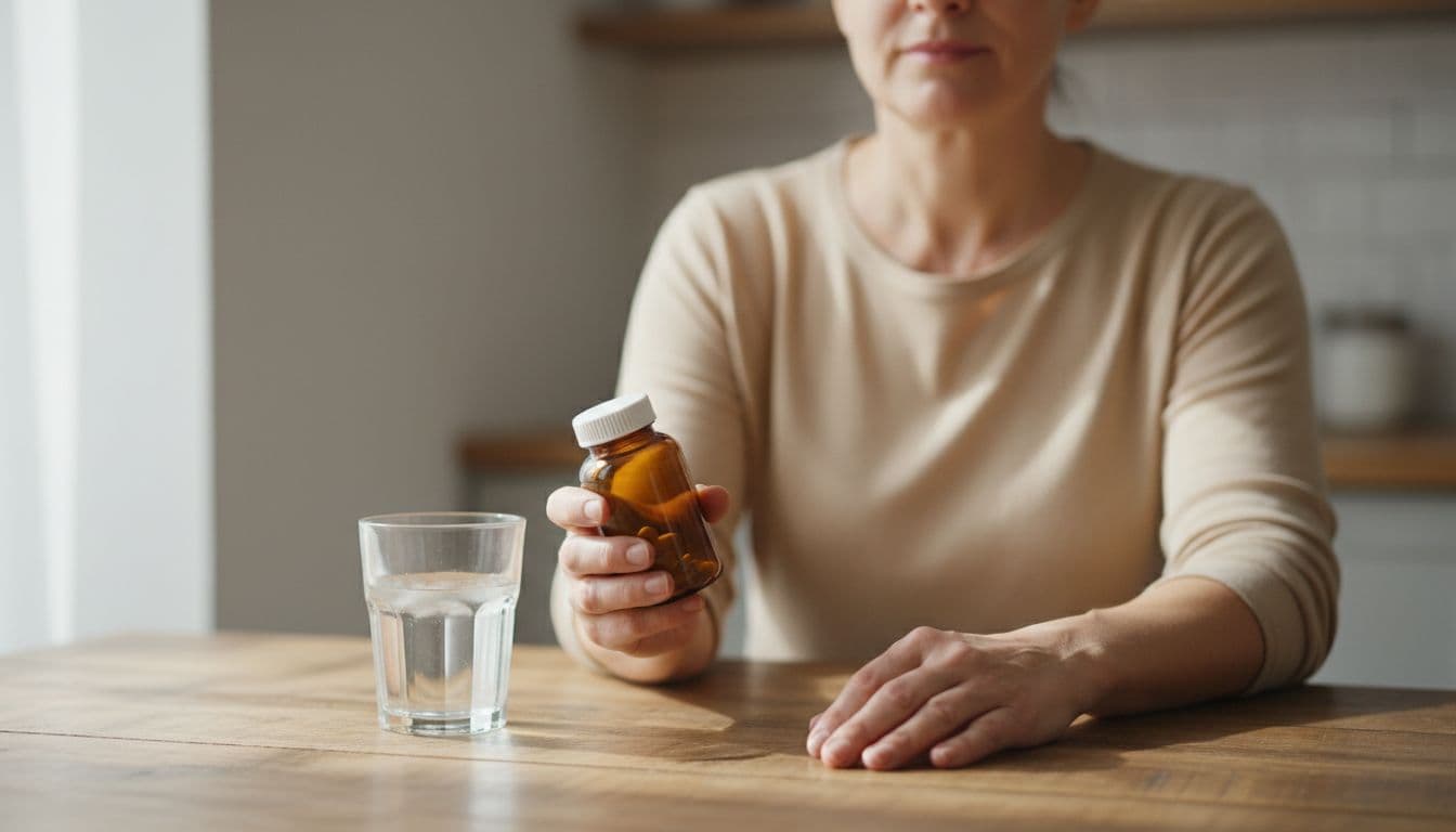 Middle-aged person sits at wooden kitchen table holding supplement bottle next to water glass in morning light.