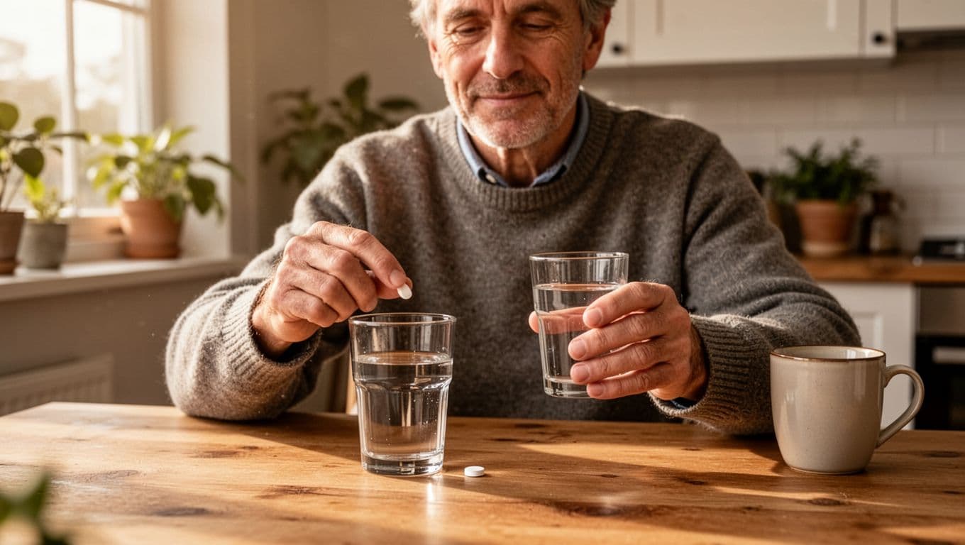 Landscape image of a middle-aged man in a cozy home kitchen during morning light, sitting at a wooden table picking up a small white tablet while holding a glass of water in a relaxed pose.