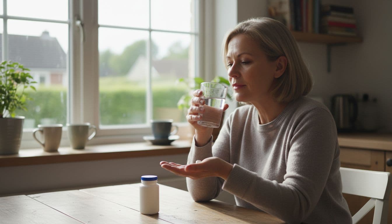 Calm middle-aged patient at home kitchen table taking daily pill with water in soft morning light, relaxed pose with tablet bottle nearby, realistic photo.