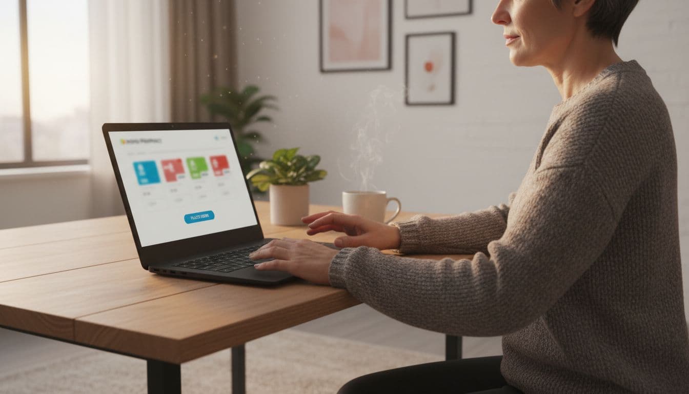 Middle-aged person at home desk with laptop open to blurred pharmacy order screen, relaxed hands on keyboard, coffee nearby.