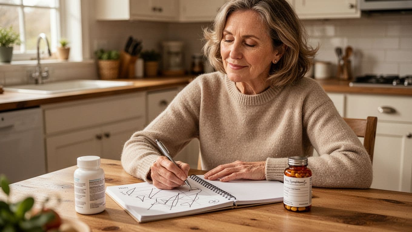 A relaxed and focused middle-aged woman sits at a cozy kitchen table, writing daily symptoms in a simple notebook with a pen and an open supplement bottle nearby. Natural daylight fills the warm home setting.