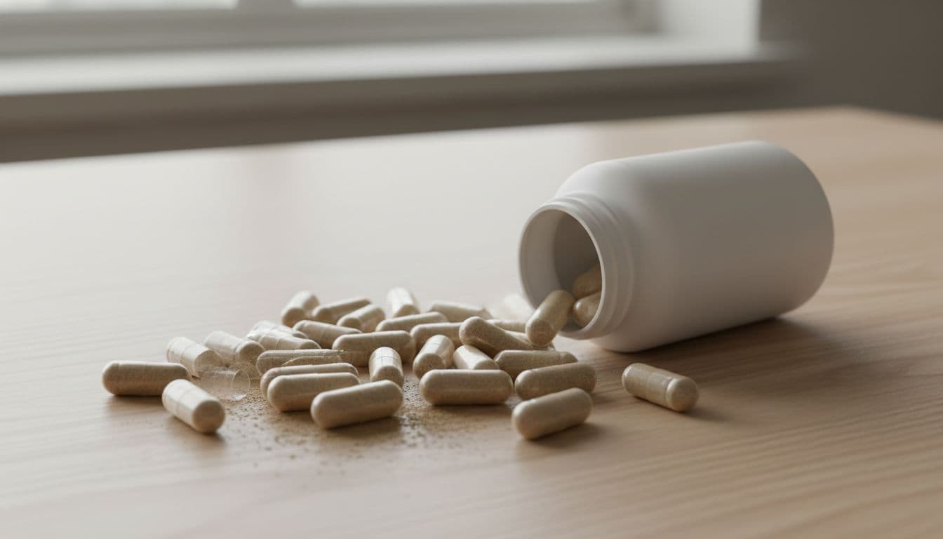 Clear vegetarian capsules with visible powder spill from white bottle onto light wooden surface.