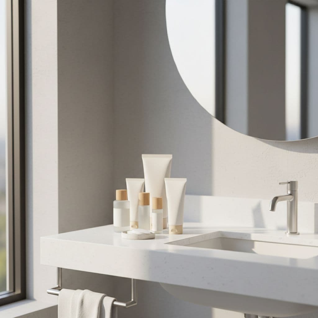 An array of various skincare bottles and tubes rests on a clean marble vanity surface. Soft morning sunlight highlights the textures of the containers while creating a bright, minimalist atmosphere.