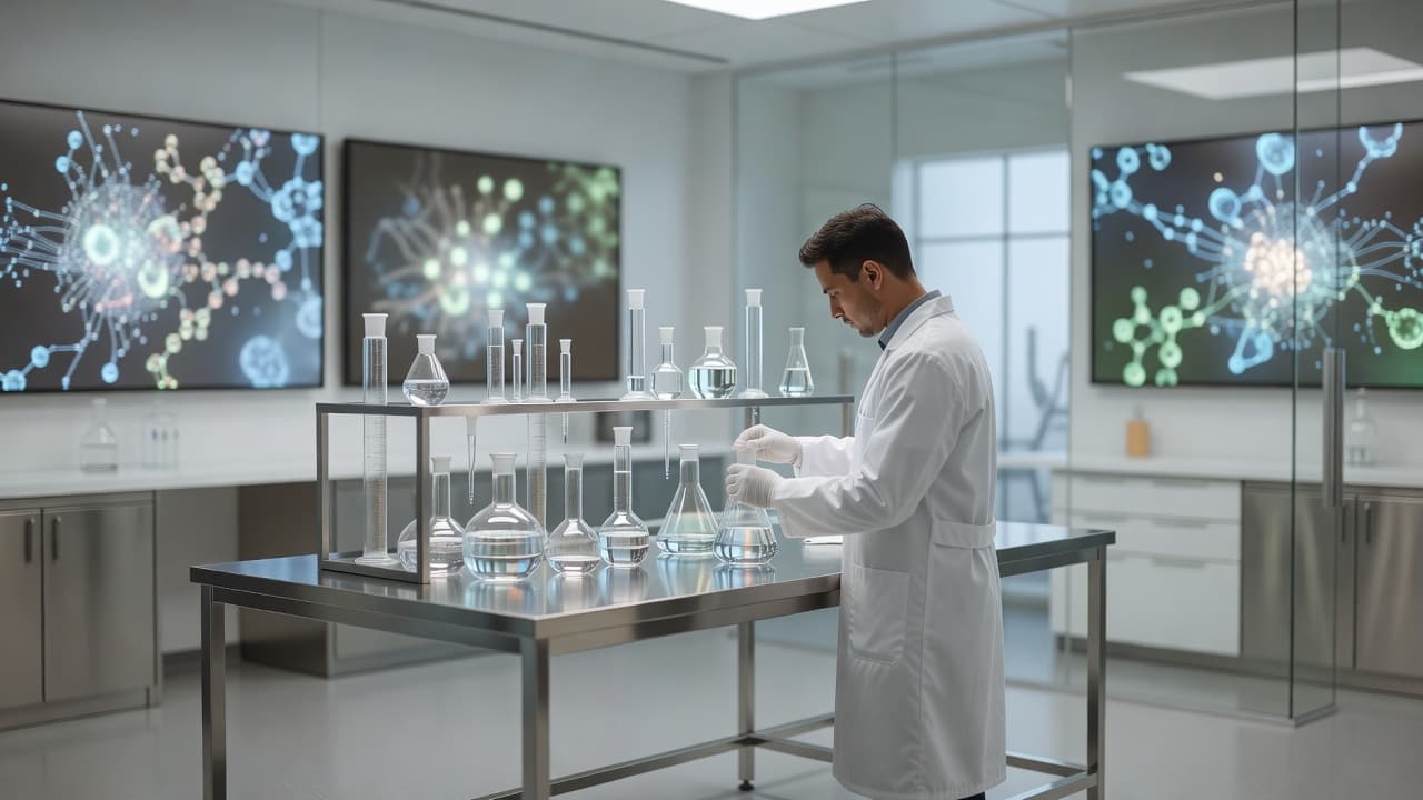 A researcher in a lab coat works inside a modern facility with glowing molecular displays.