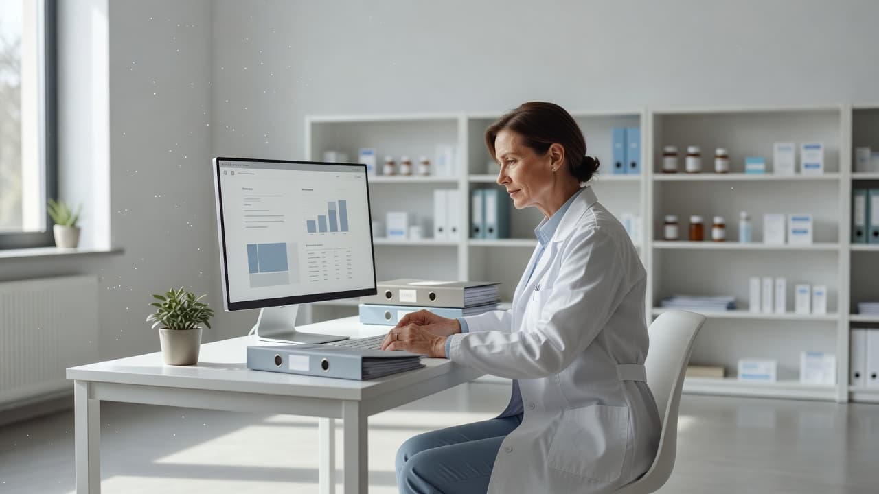 A pharmacist reviews medication guidelines on a computer in a modern clinic.