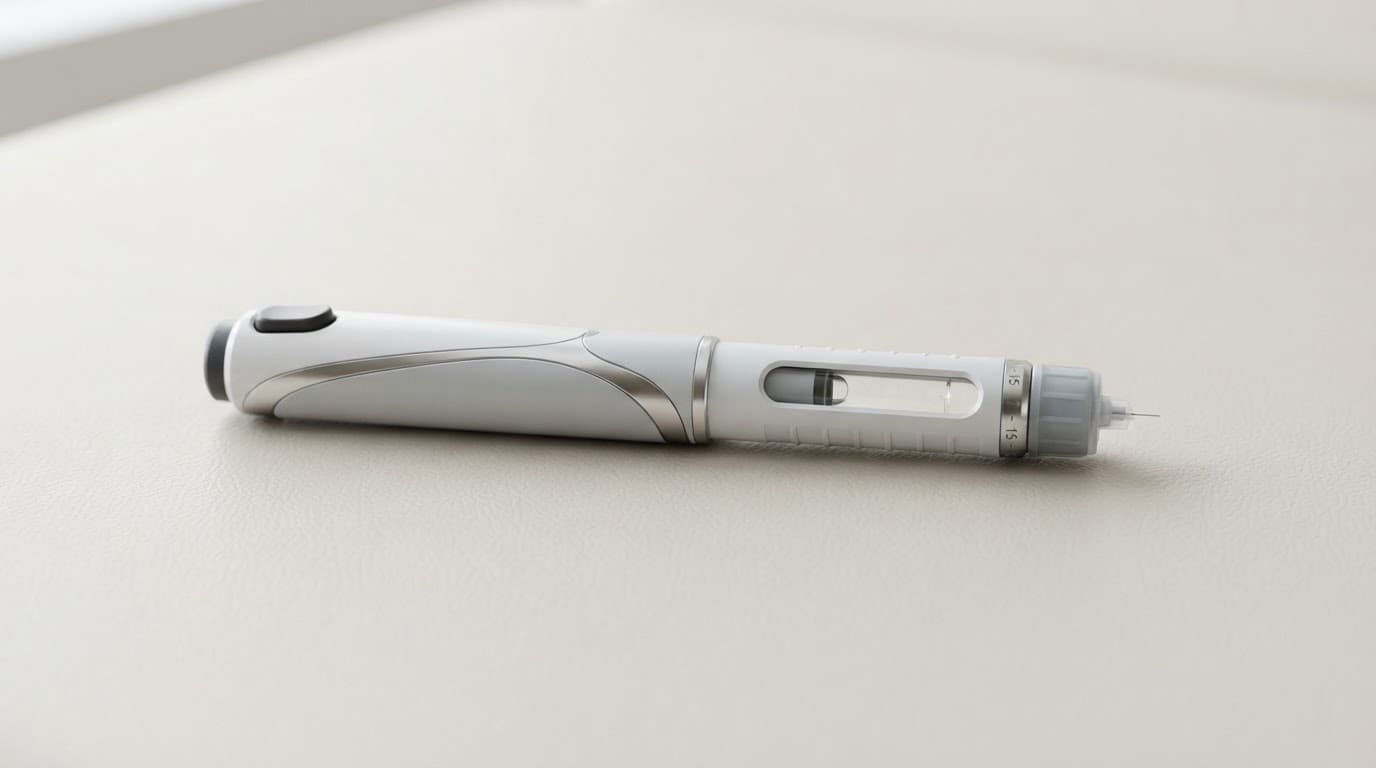 A modern injection pen on a light neutral surface.
