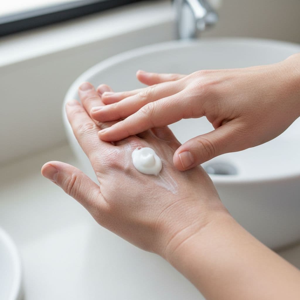Close-up of hands applying thick moisturizer cream to palms and fingers to soothe dry cracked skin from hand-foot syndrome in a home bathroom setting with soft natural light.