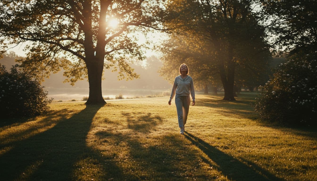 A single person walks relaxed in a park at dawn, looking refreshed in a simple daily wellness routine scene. Wide cinematic shot with strong contrast, depth, dramatic golden hour lighting.