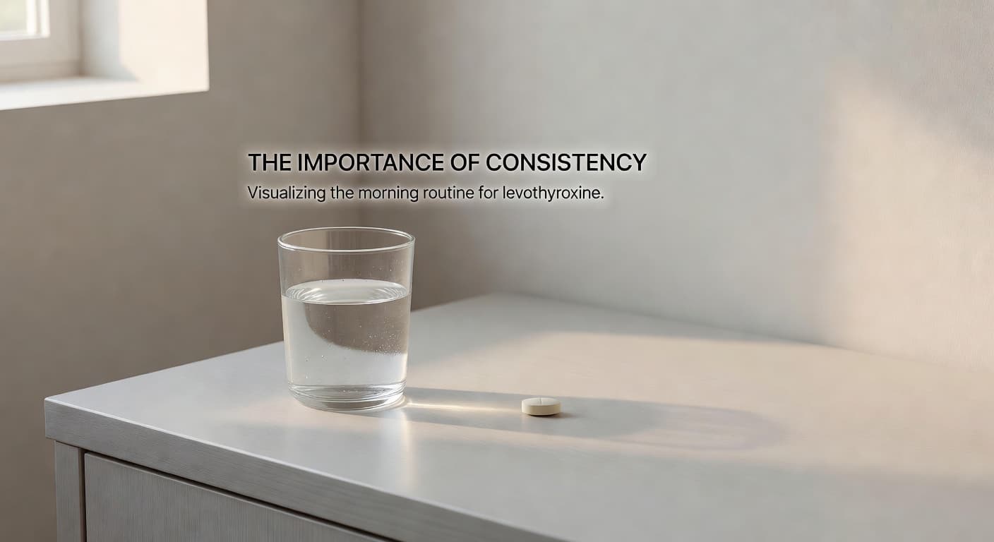 A single white pill rests beside a clear glass of water on a light wooden bedside table. Soft morning sunlight illuminates the surface, highlighting the pill and glass in neutral tones.