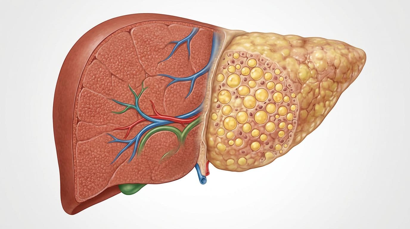 A precise medical illustration depicting a cross-section of a human liver affected by Non-Alcoholic Fatty Liver Disease (NAFLD), contrasting healthy tissue with fatty accumulation areas under bright, even lighting.