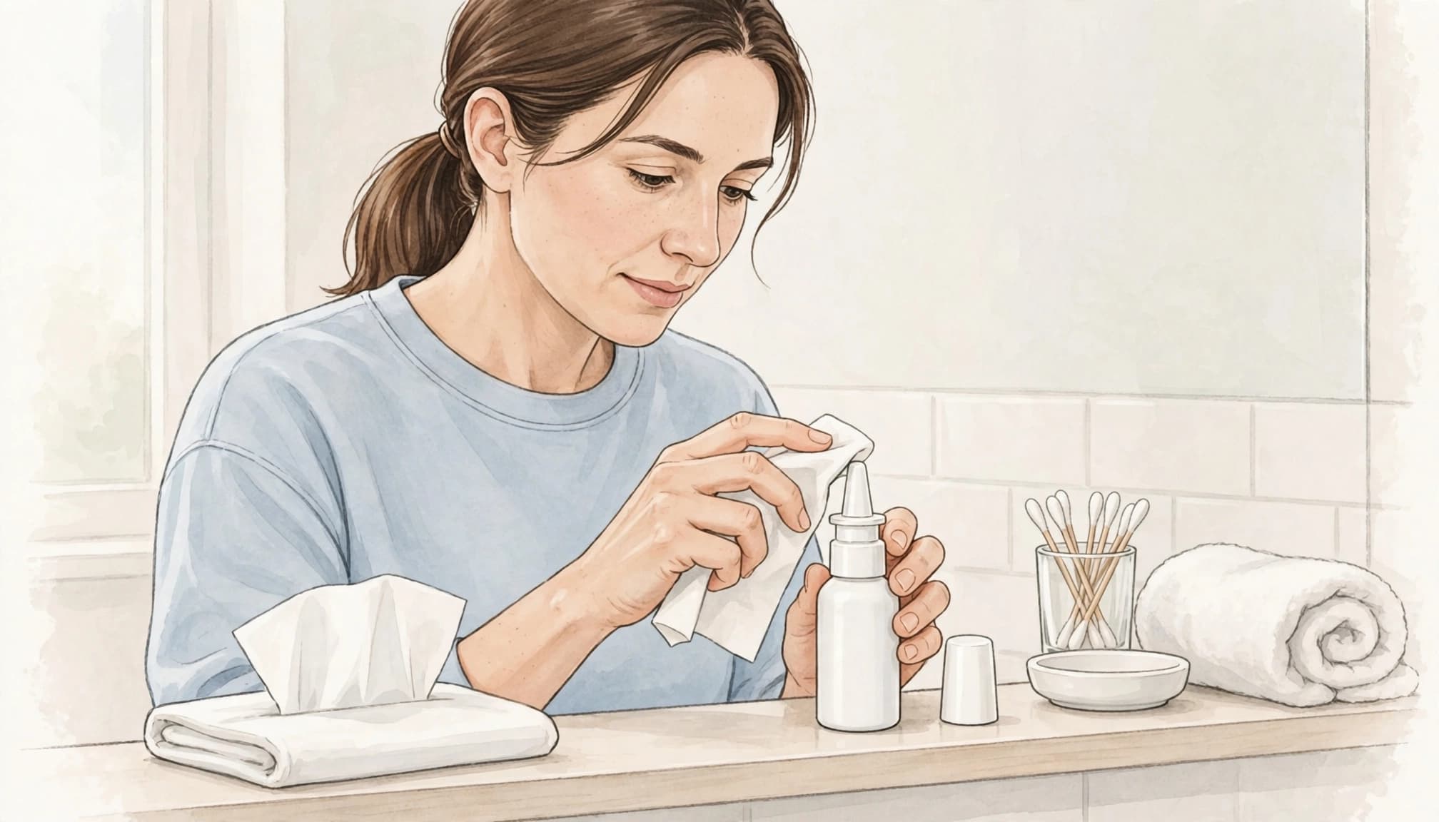 An adult wipes a nasal spray nozzle beside a tissue and bottle.