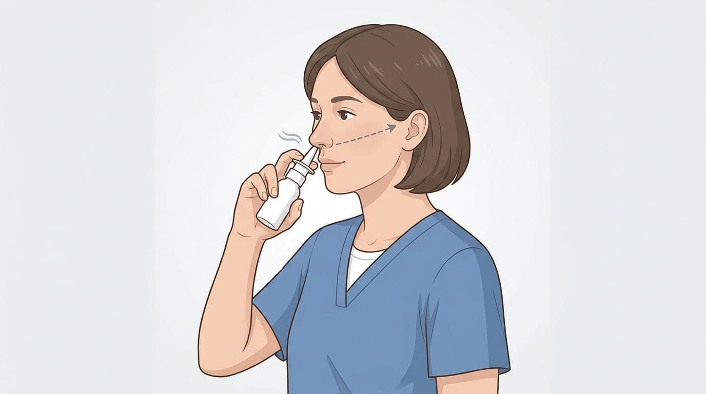 An adult demonstrates proper nasal spray use with the bottle angled away from the nasal septum.