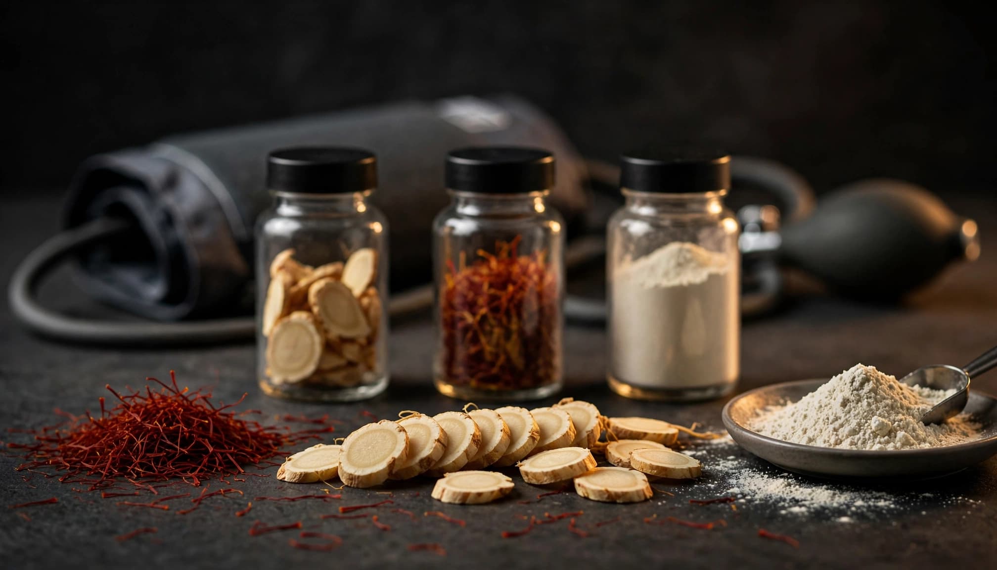 Supplement bottles and natural ingredients arranged with a blood pressure cuff in a dark studio.