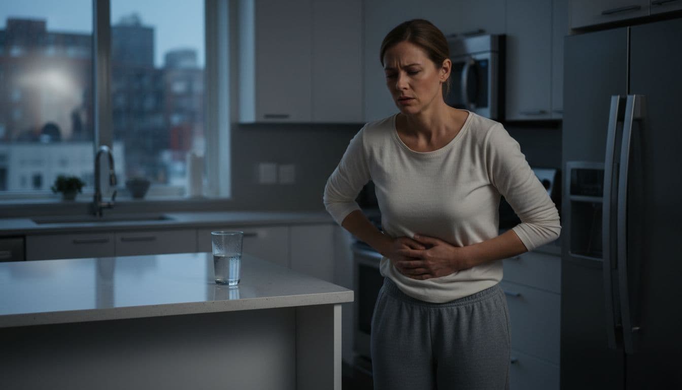 Pale patient holds stomach with uncomfortable nauseous expression in modern kitchen, glass of water on nearby counter.