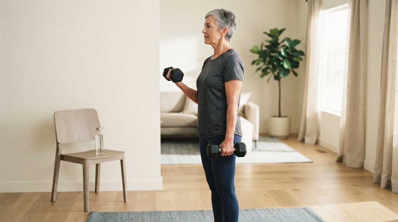 Older adult doing a dumbbell exercise beside a chair and water bottle.