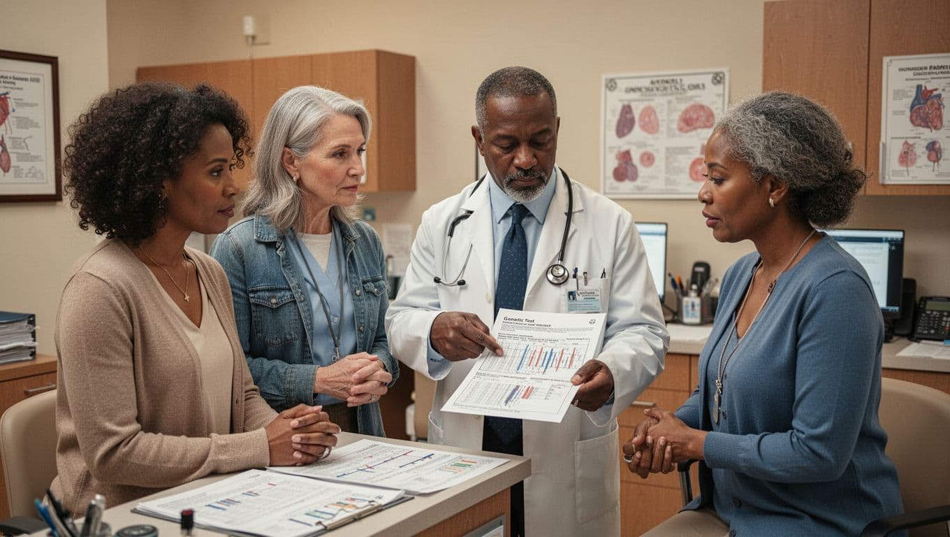 A diverse group of three adults in a doctor's office discusses charts, with one oncologist pointing to a genetic test result on paper in a calm, supportive atmosphere under warm lighting.