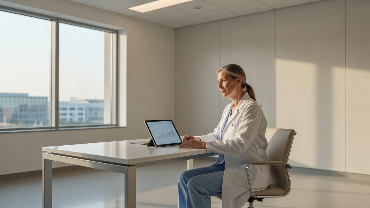 A clinician reviewing medical charts on a tablet in a bright consultation room.