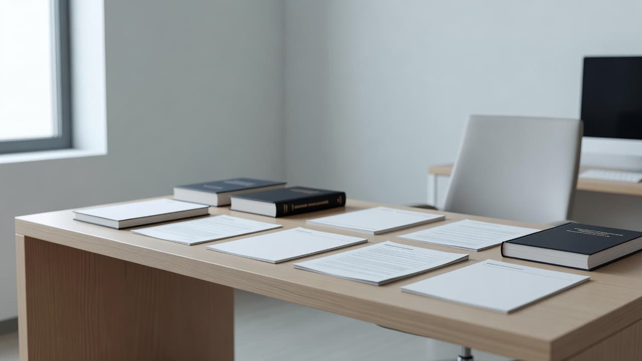 A wooden consultation desk with oncology documents and medical books in a bright room.