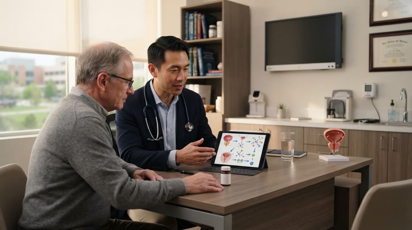A doctor and patient discussing cancer treatment options in a modern clinic.