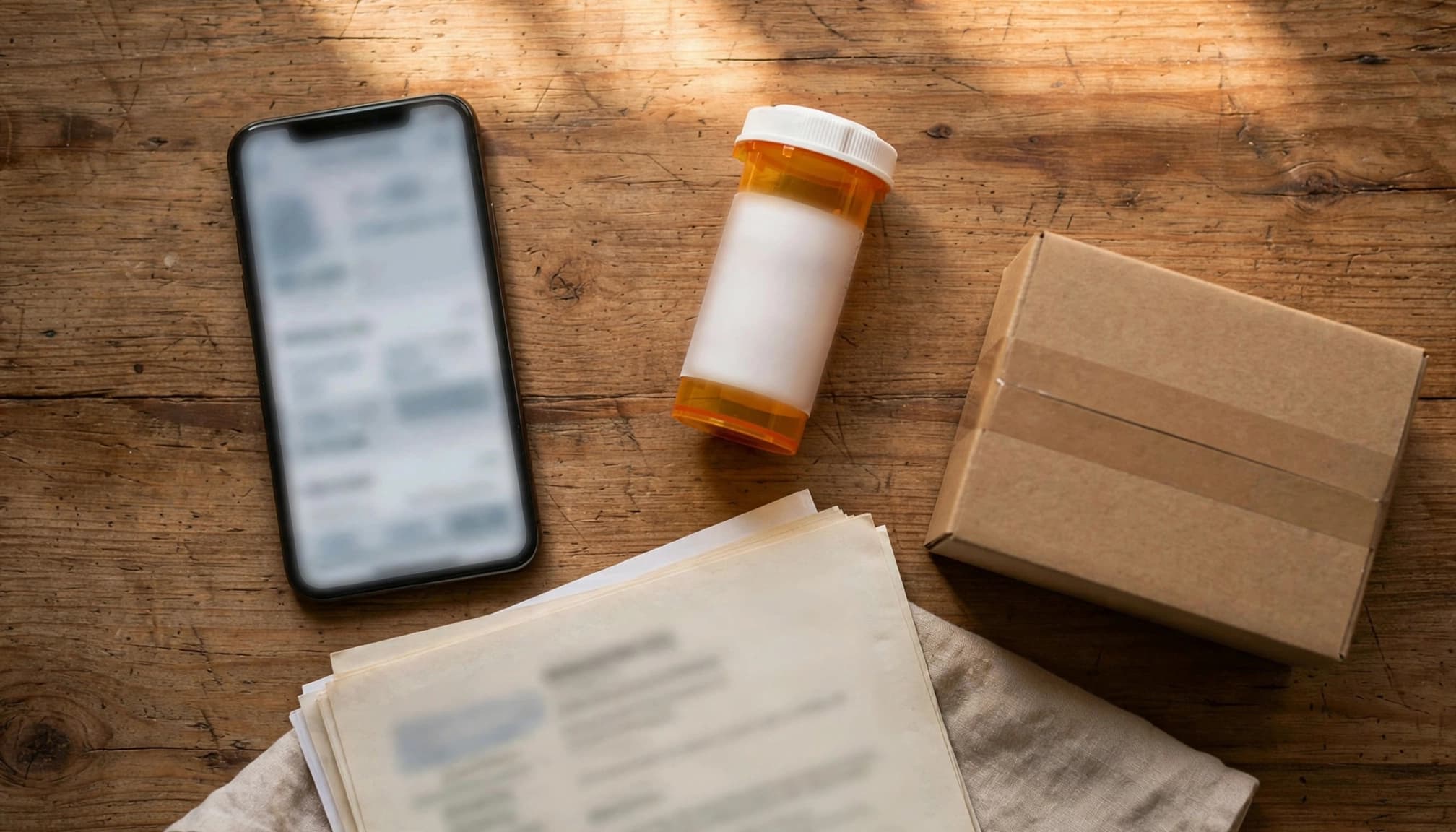 A blurred pharmacy checkout screen beside a prescription bottle, box, and verification papers.