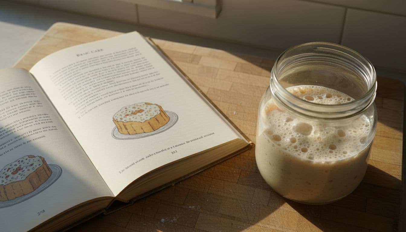 Photorealistic top-down angled view of a kitchen counter on a wooden surface featuring an open cookbook with a simple cake recipe next to a glass jar of bubbling sourdough starter, lit by warm natural window light, exactly two objects side by side.