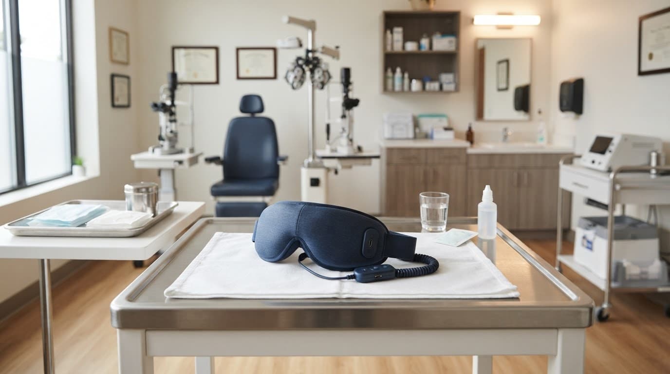 A warm compress eye mask sits on a table in a bright optometrist clinic.